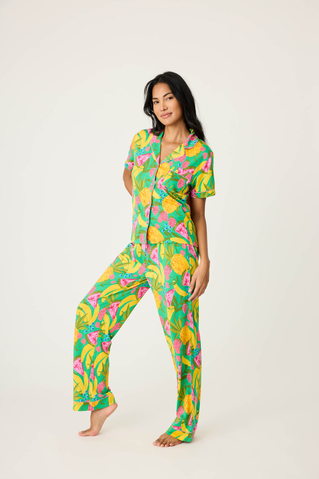 Women's breathable cotton-modal jersey short sleeve pajama set in multicolor fruit print with contrast pink piping. Button-front top & open leg tie-waist pant.