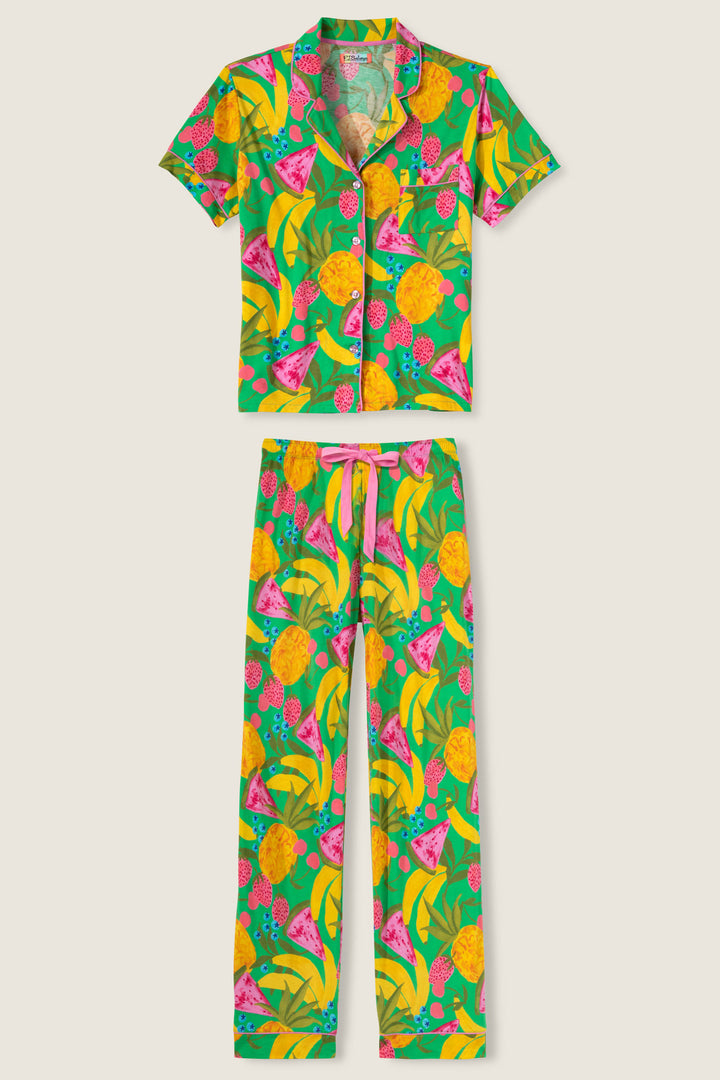 Women's breathable cotton-modal jersey short sleeve pajama set in multicolor fruit print with contrast pink piping. Button-front top & open leg tie-waist pant.