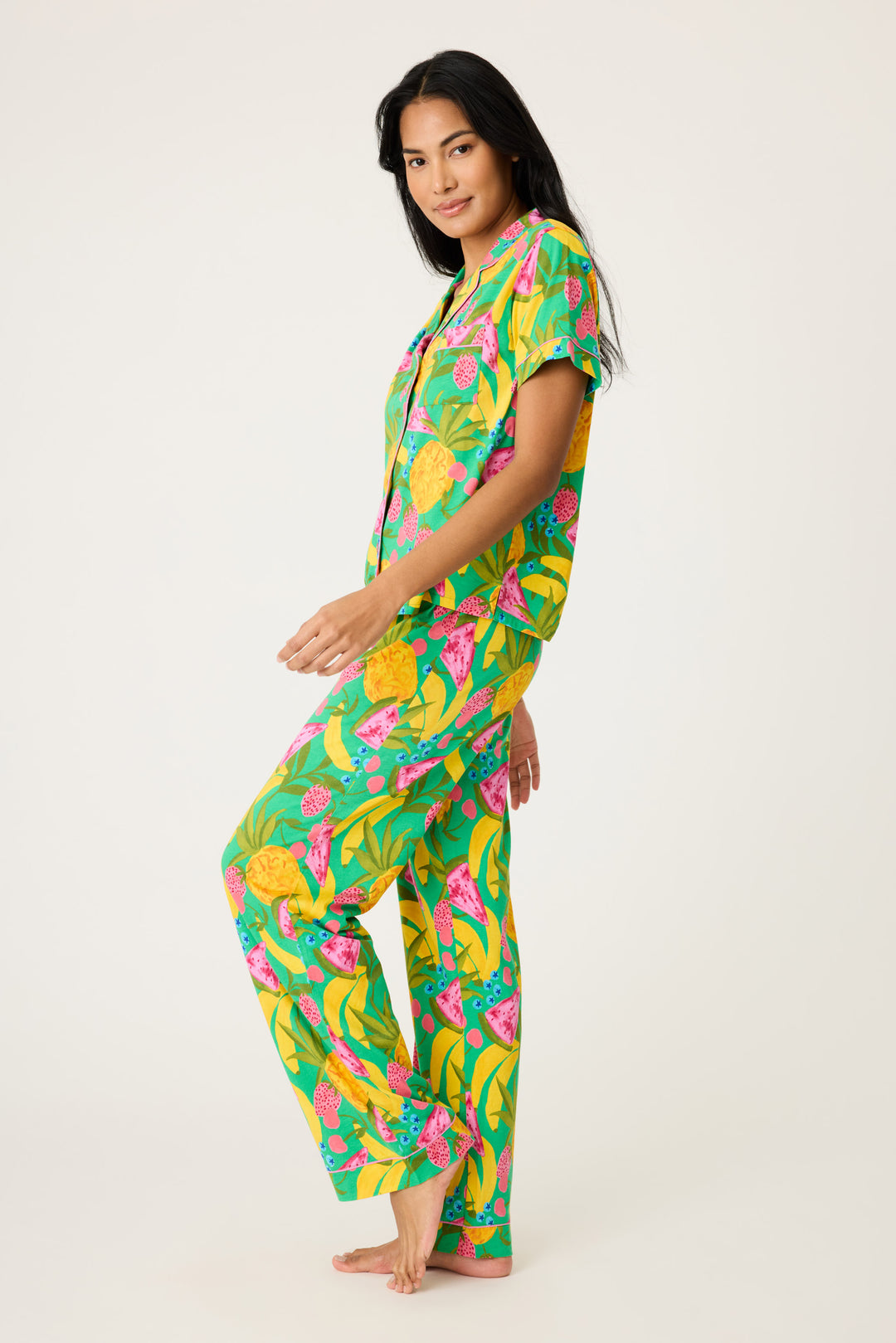 Women's breathable cotton-modal jersey short sleeve pajama set in multicolor fruit print with contrast pink piping. Button-front top & open leg tie-waist pant.