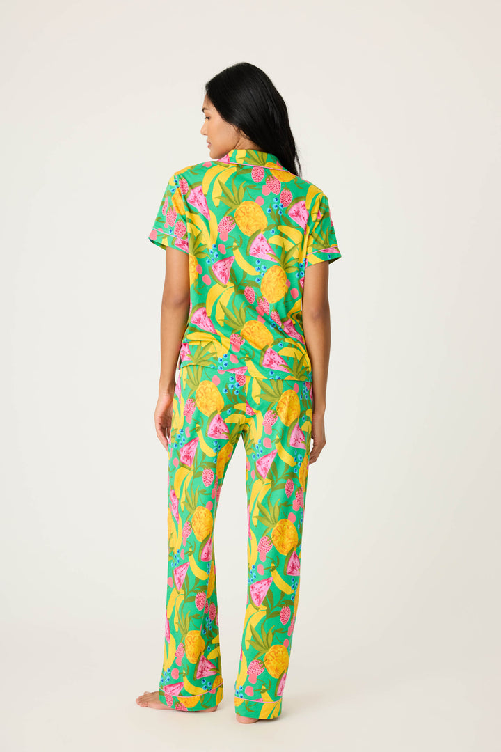 Women's breathable cotton-modal jersey short sleeve pajama set in multicolor fruit print with contrast pink piping. Button-front top & open leg tie-waist pant.