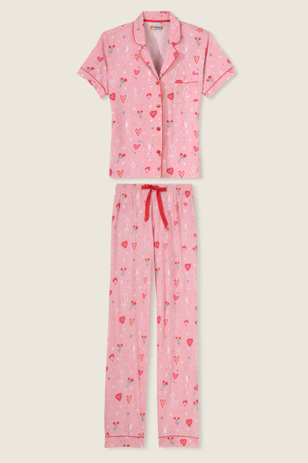 Women's breathable cotton-modal jersey short sleeve pajama set in pink mini tiger & heart print with contrast red piping. Button-front top & open leg tie-waist pant.