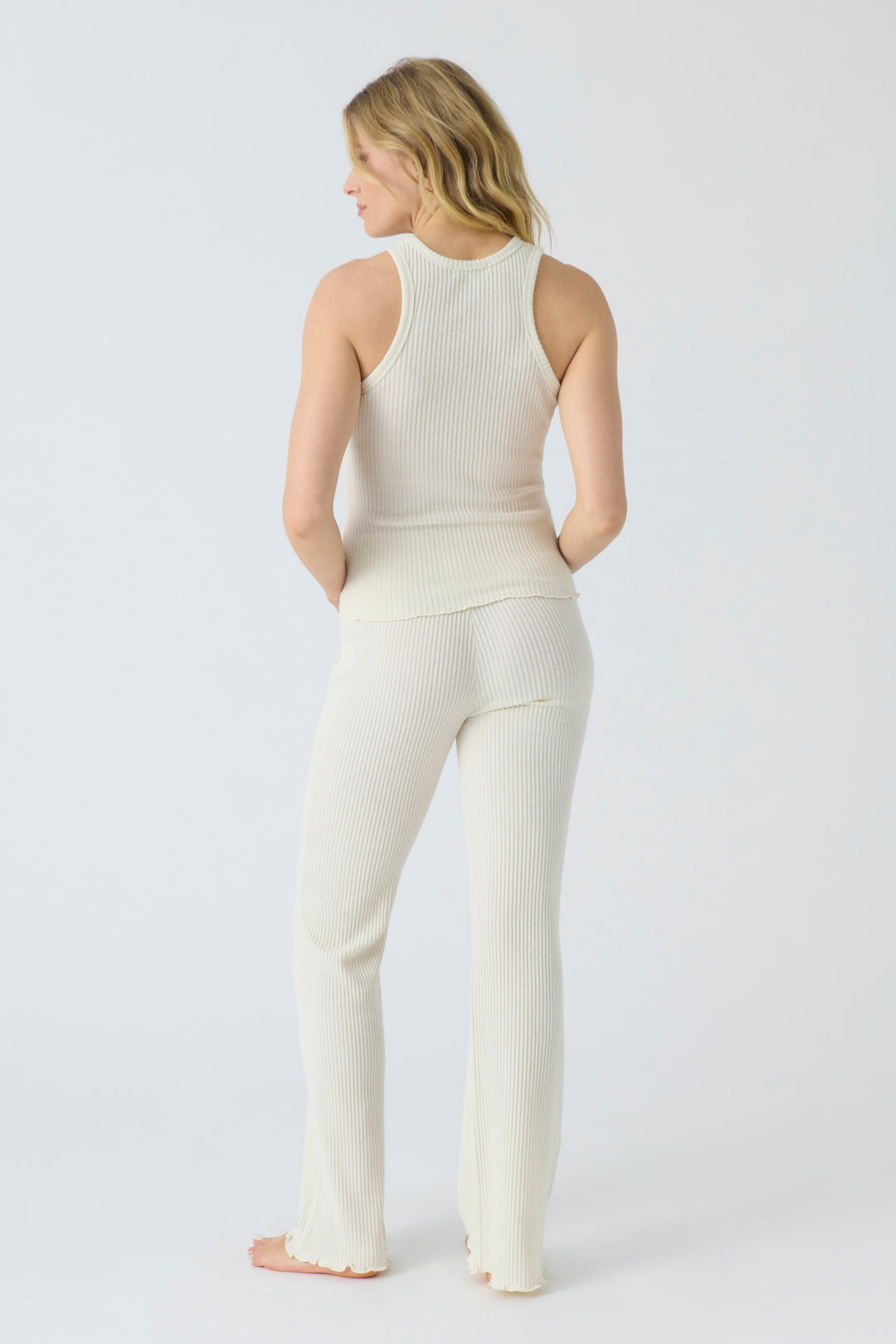 Women's ivory rib knit lounge set of tank top with scoop neck & high-waisted straight leg pant