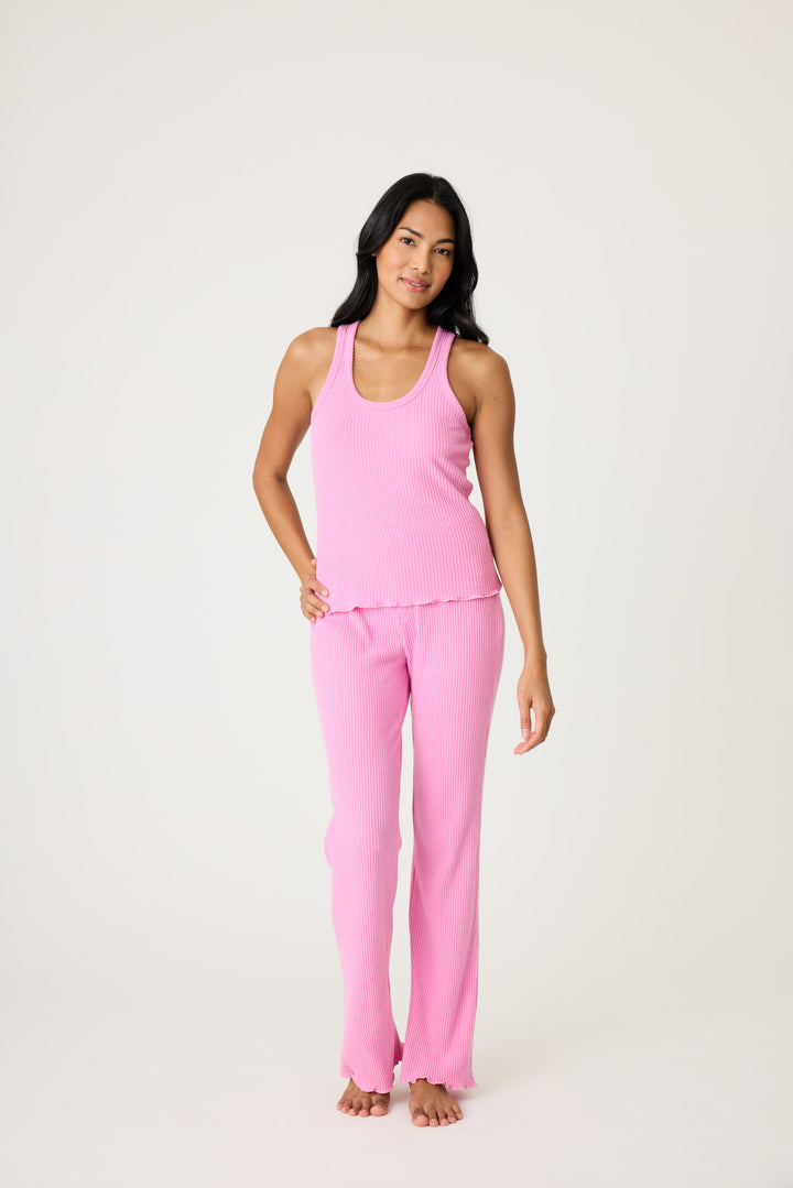 Women's pink rib lounge set tank top & high-waisted pant in Repreve knit.