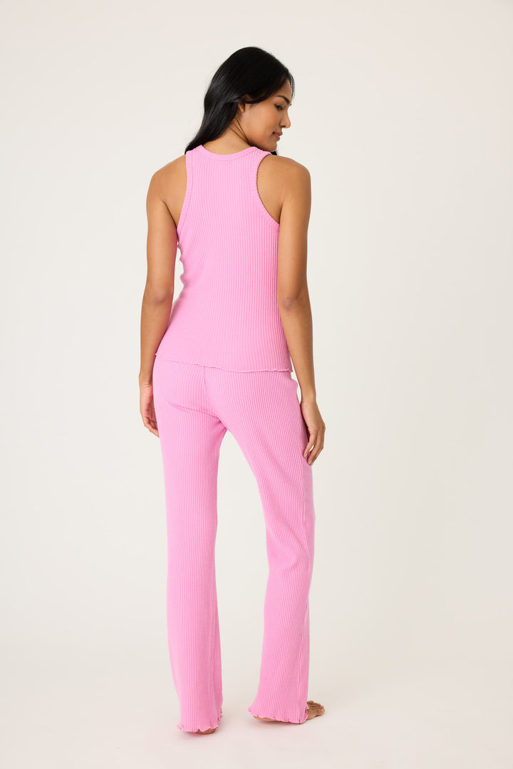 Women's pink rib lounge set tank top & high-waisted pant in Repreve knit.