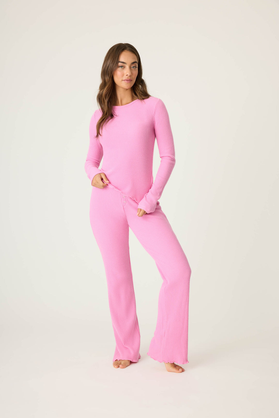 Women's rib long sleeve top & high waisted pant in Repreve recycled knit.