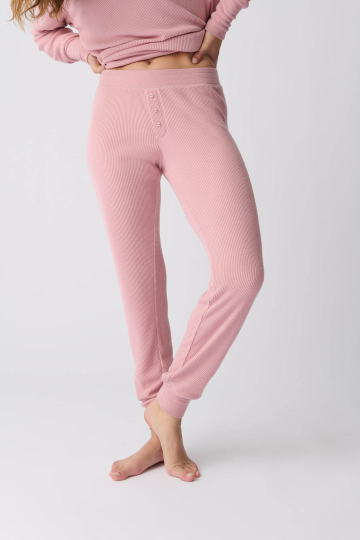 Women's dusty pink brushed rib knit jammie pant.