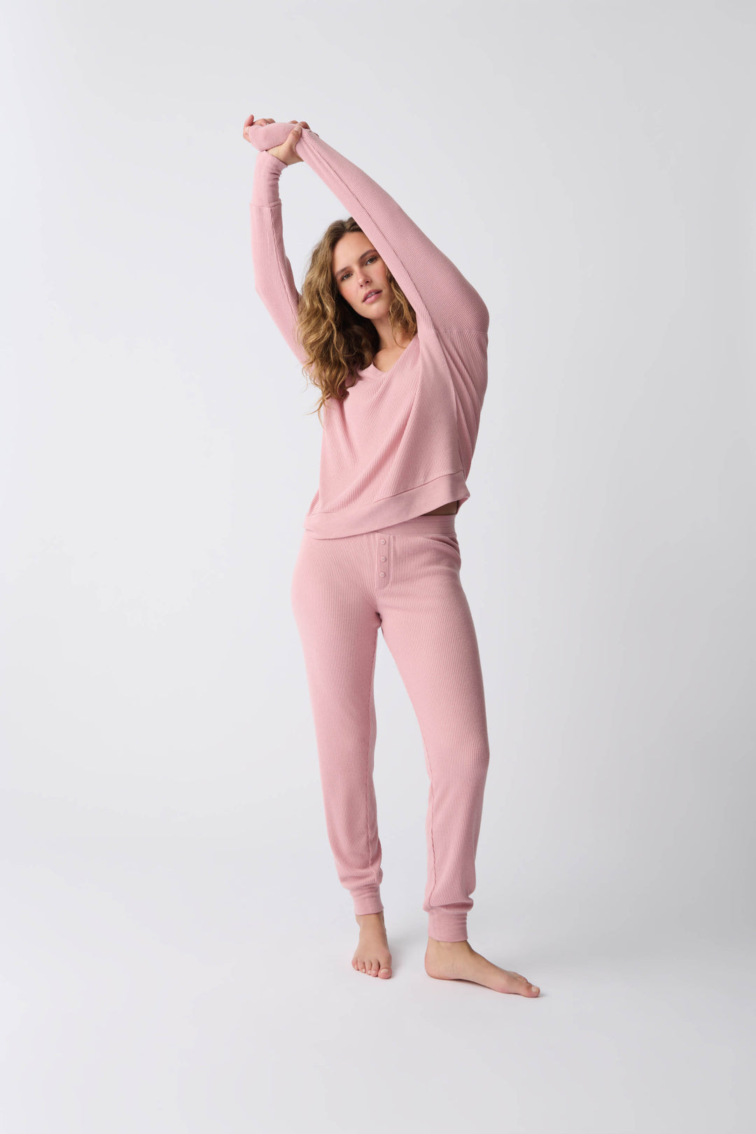 Women's dusty pink brushed rib knit jammie pant.