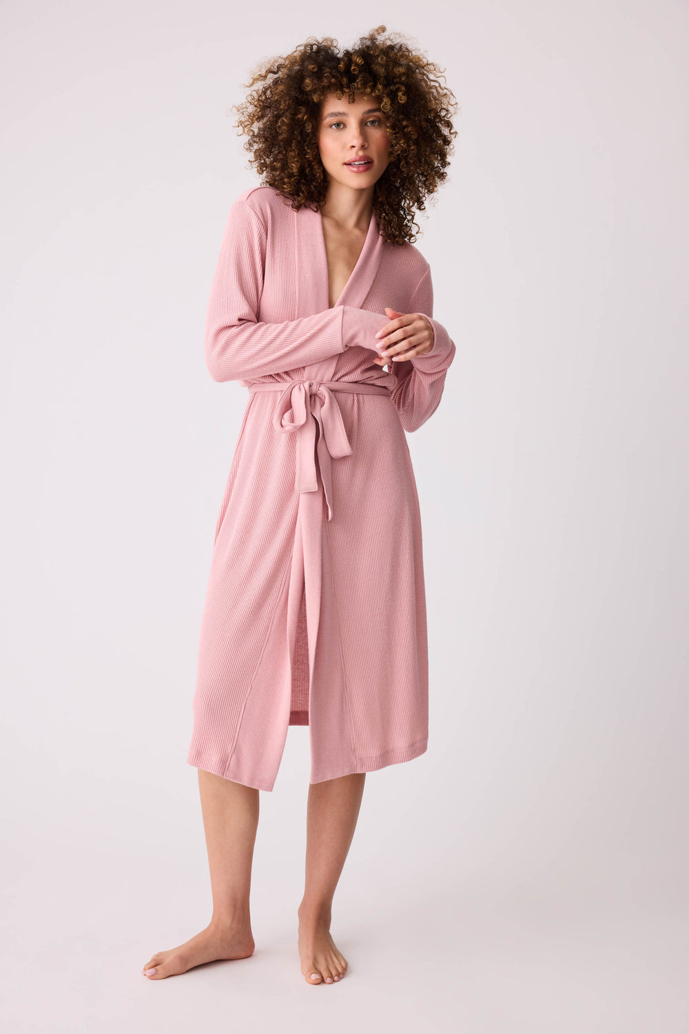 Women's dusty pink brushed rib knit lounge robe.