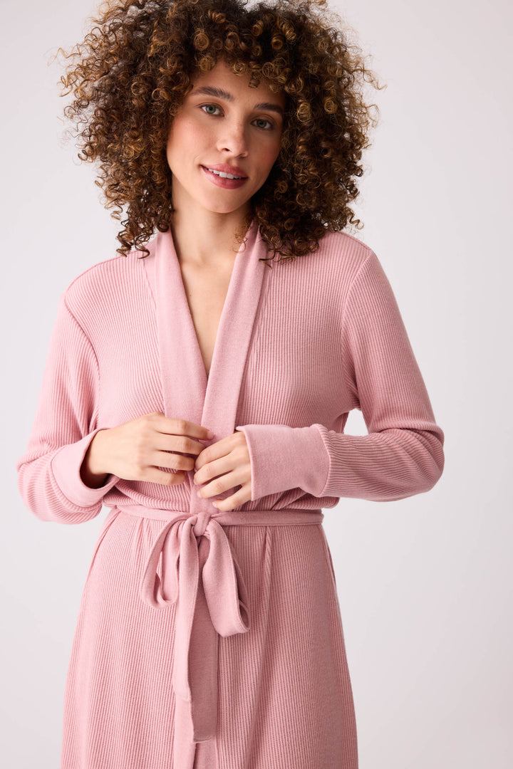 Women's dusty pink brushed rib knit lounge robe.