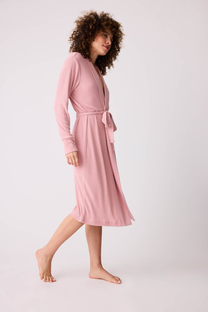 Women's dusty pink brushed rib knit lounge robe.