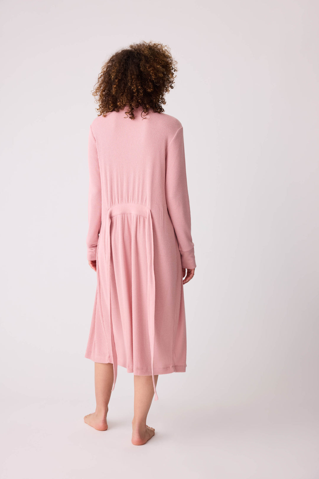 Women's dusty pink brushed rib knit lounge robe.