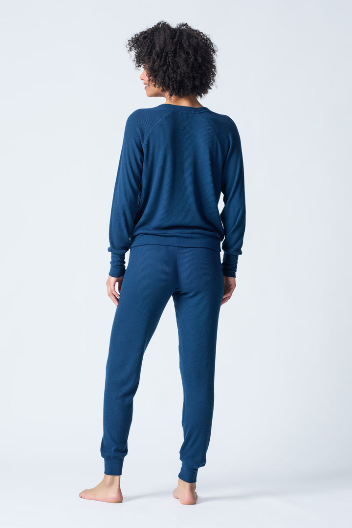 navy jammie set in 2x2 peachy rib with a slim fit jammie pant & V-neck long sleeve top.
