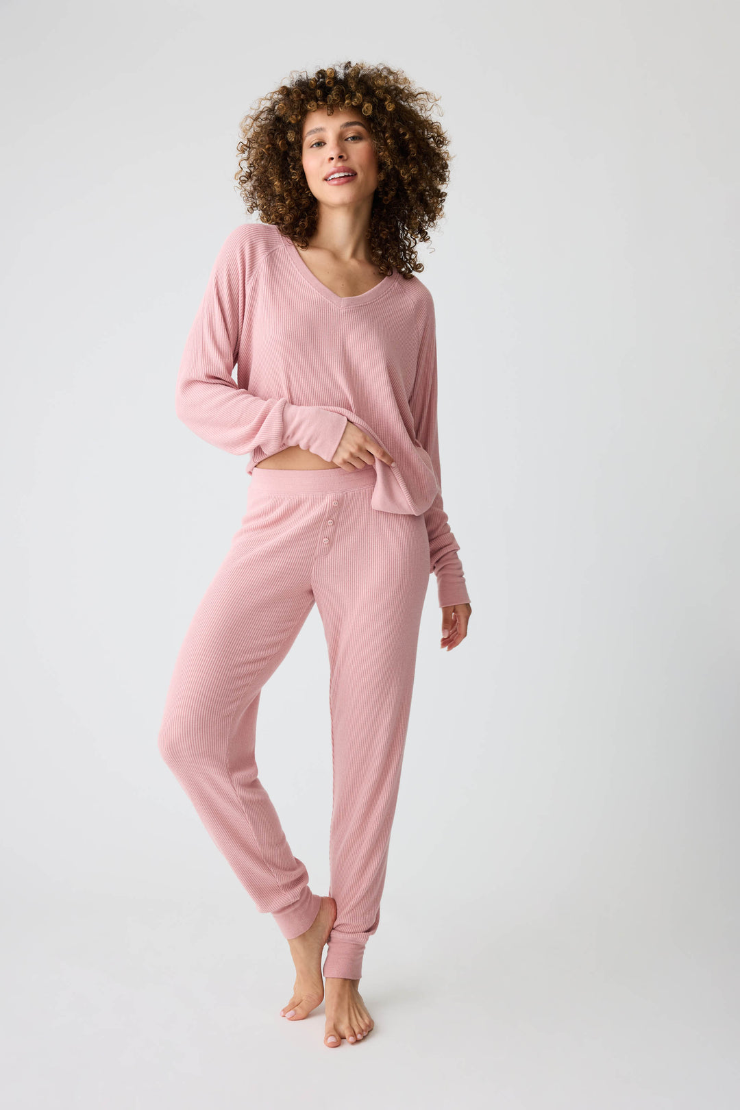 Women's dusty pink brushed rib knit sleep long sleeve and jammie pants.