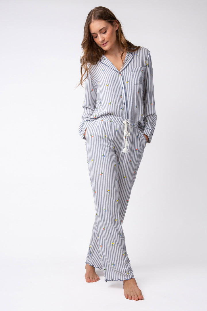 Sleep set long sleeve top + pj pant in yarn-dye striped woven with mini embroidered flowers.