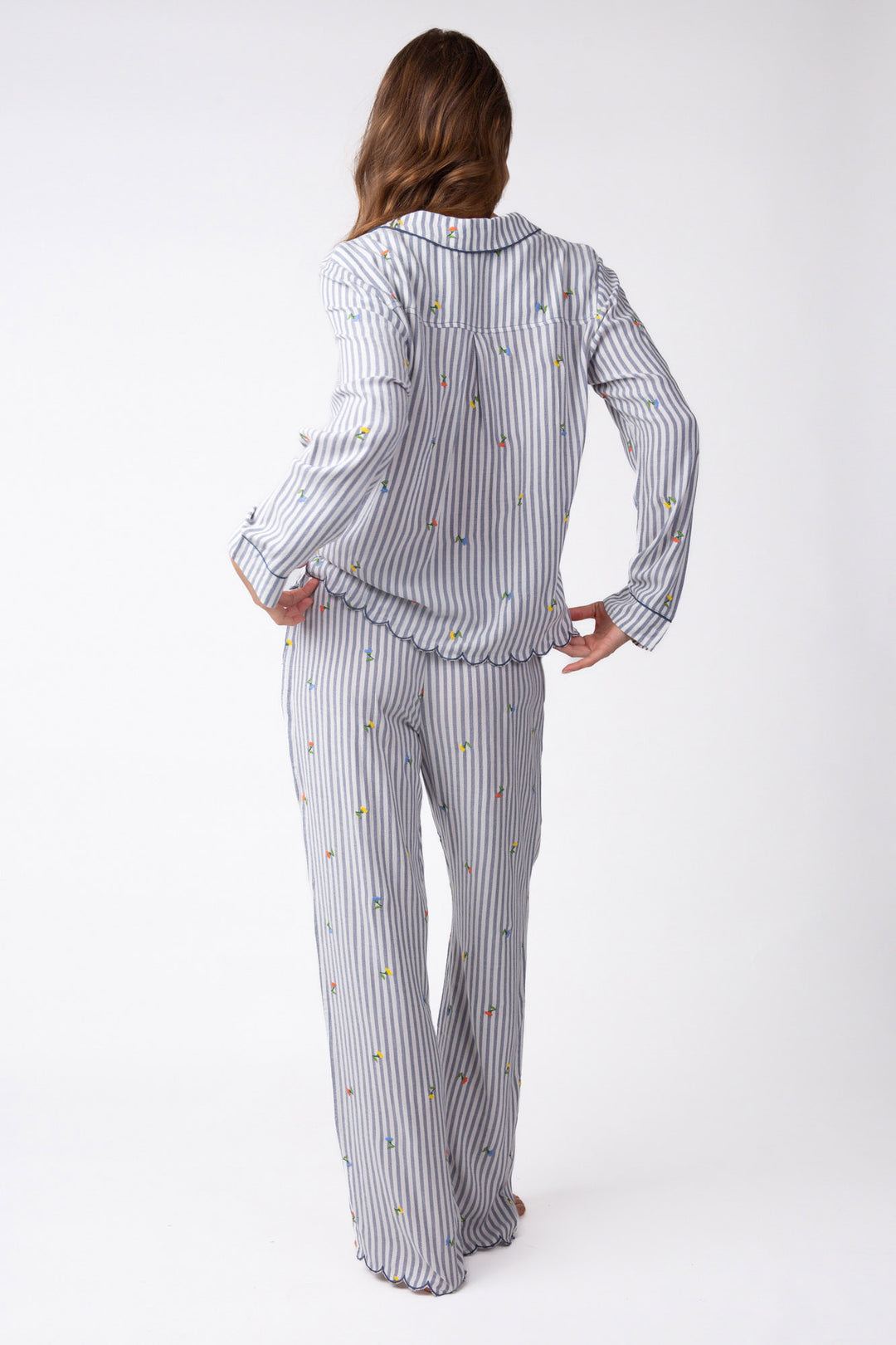 Sleep set long sleeve top + pj pant in yarn-dye striped woven with mini embroidered flowers.