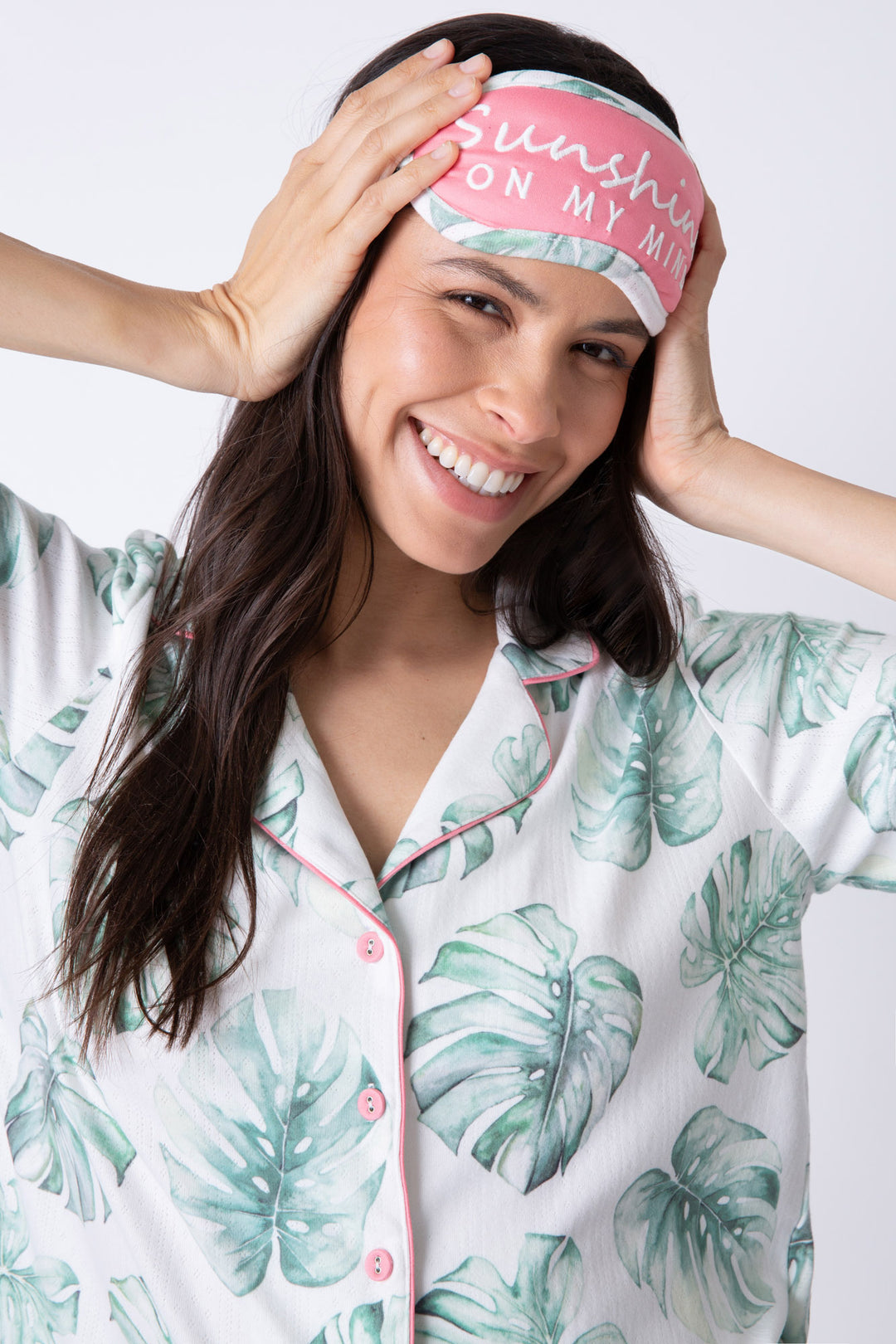 Women's tropical leaf-print pajama short set with pink piping & 'Sunshine on my mind' embroidered sleep mask