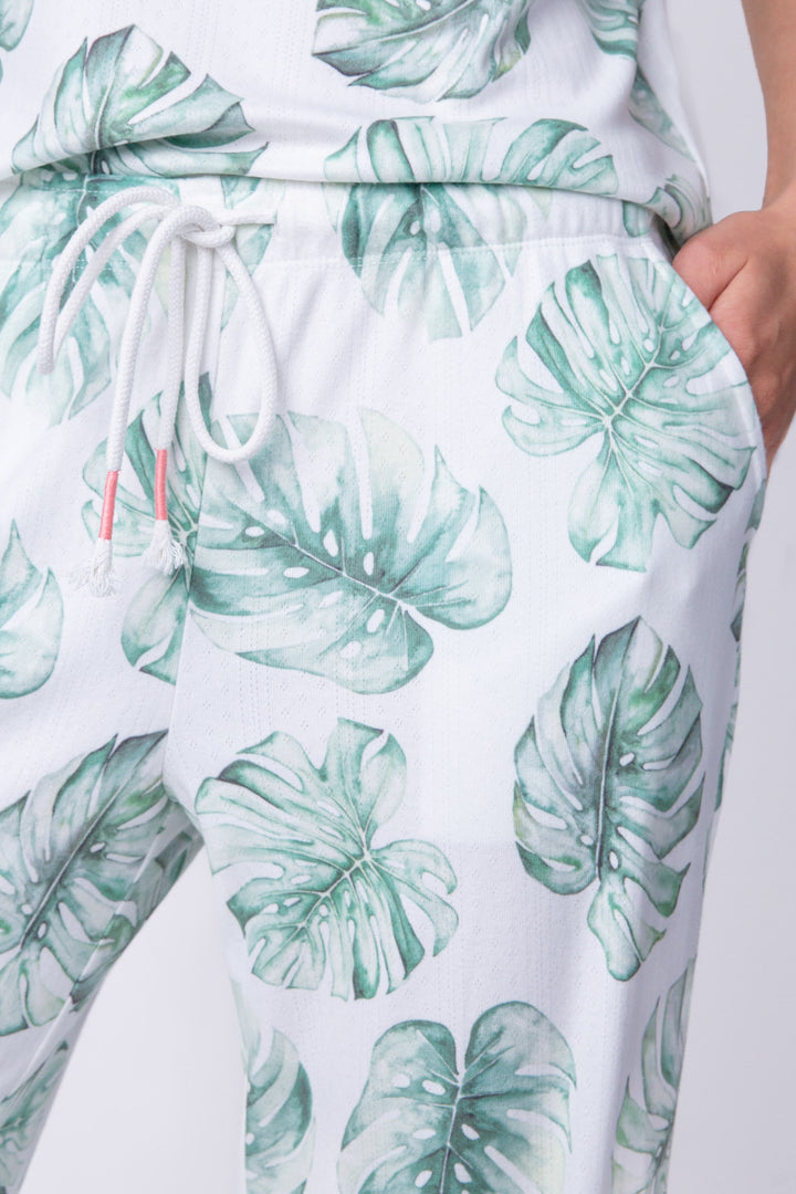 Women's lounge set in tropical leaf-print. Matching camisole top & pajama pant.