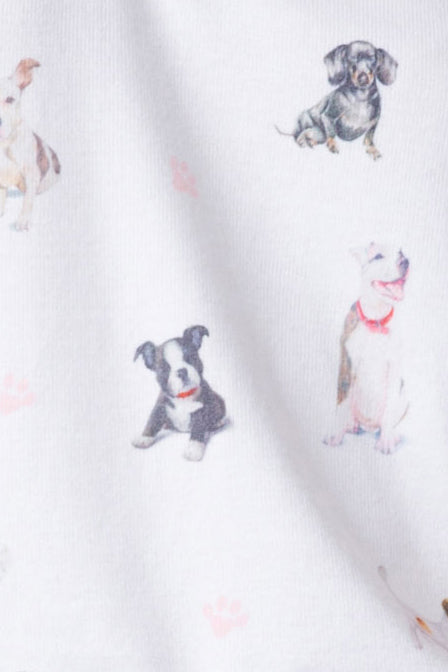 Women's tank top & short set in rescue-dog print. Ivory-multi pattern, mixed breed dogs.