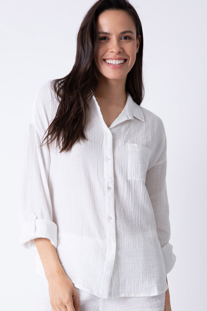 Cotton gauze women's button-down collared shirt in solid ivory
