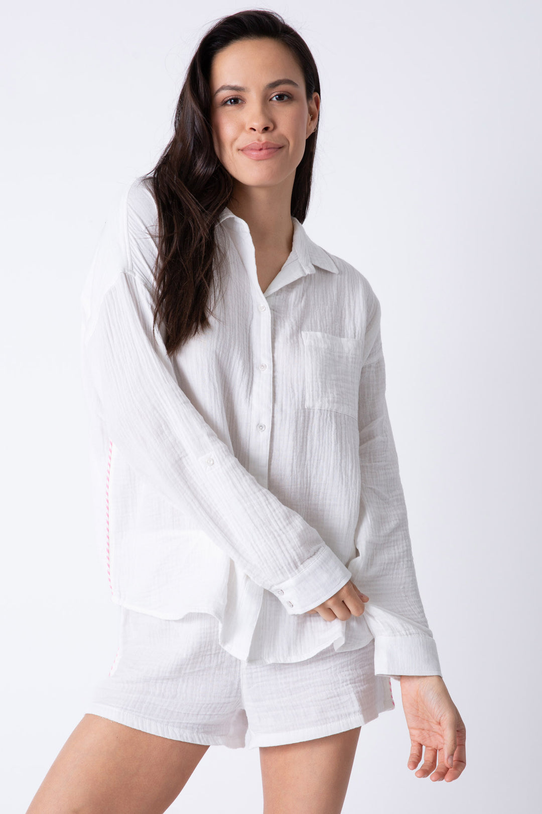 Cotton gauze women's button-down collared shirt in solid ivory