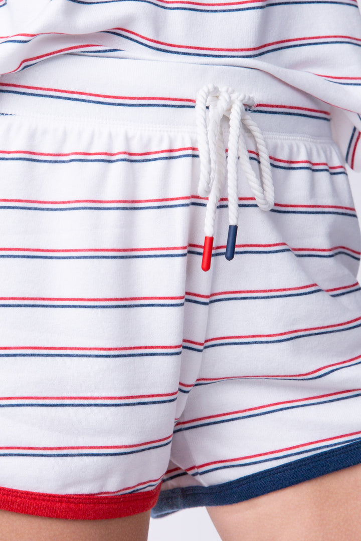 Women's tank + short set in ivory with navy-red mini stripes. Contrast red & blue binding & mini embroidery.