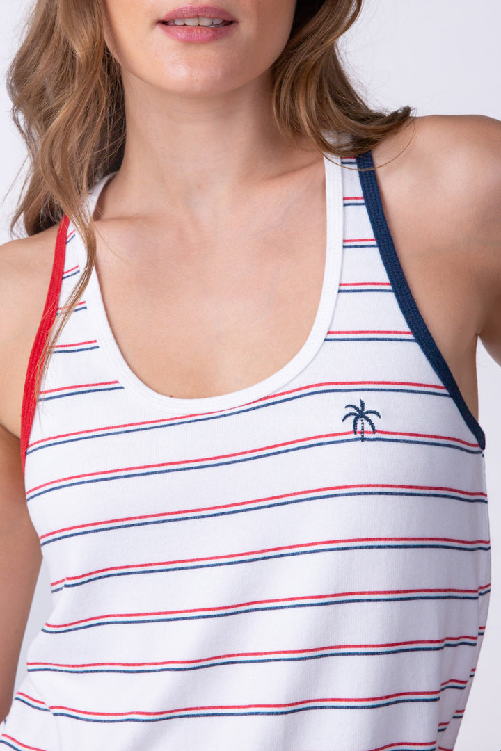 Women's tank + short set in ivory with navy-red mini stripes. Contrast red & blue binding & mini embroidery.