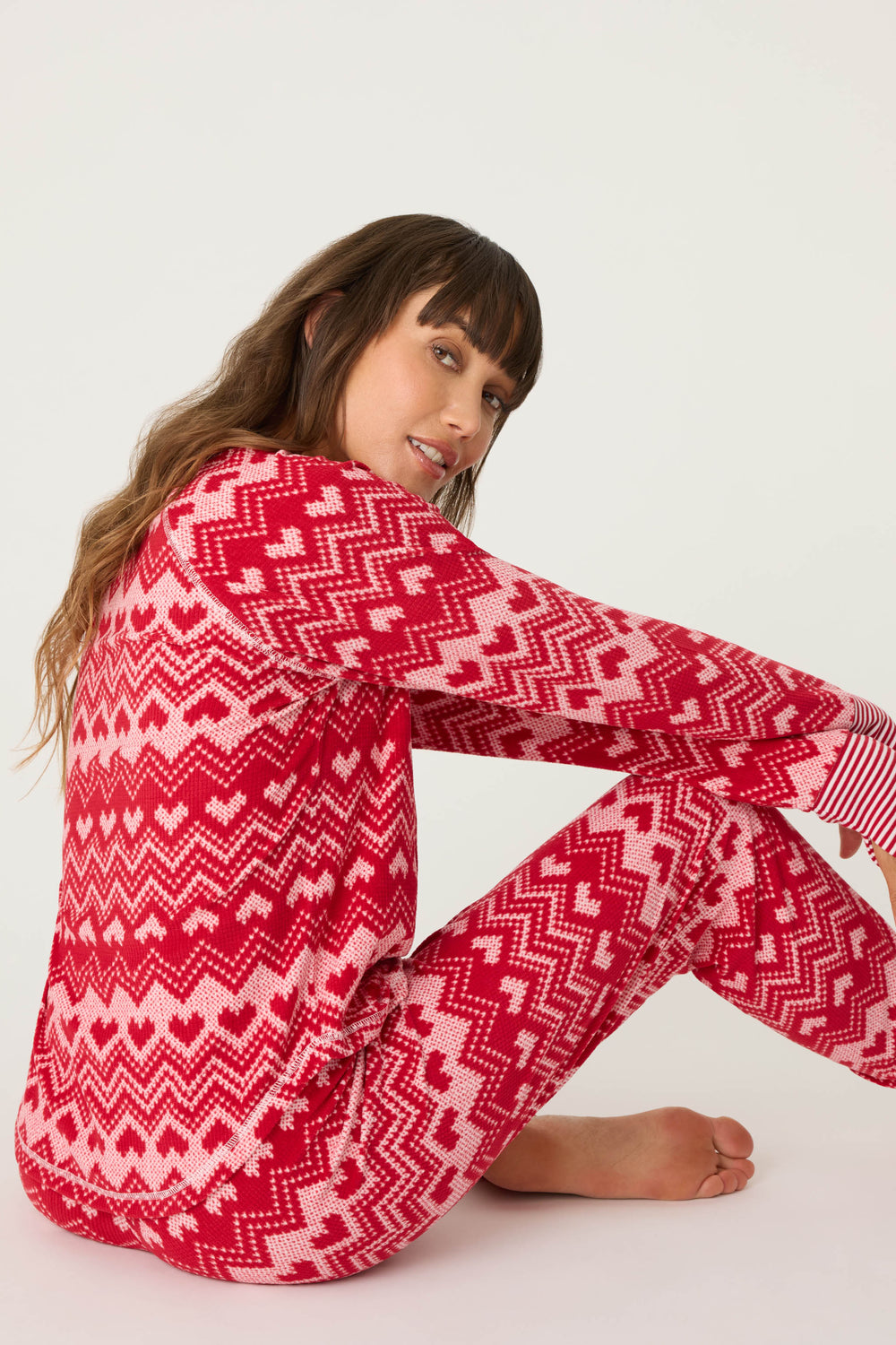 Women's jammie set in thermal velour top & banded PJ pant in red with ivory fair isle heart print.