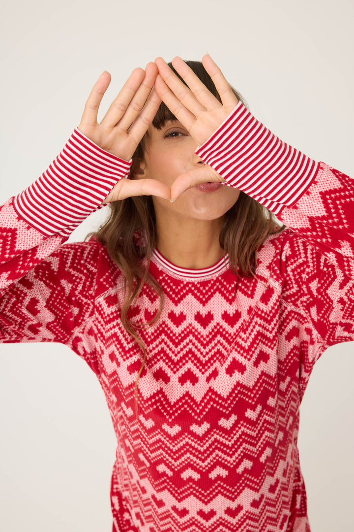 Women's jammie set in thermal velour top & banded PJ pant in red with ivory fair isle heart print.