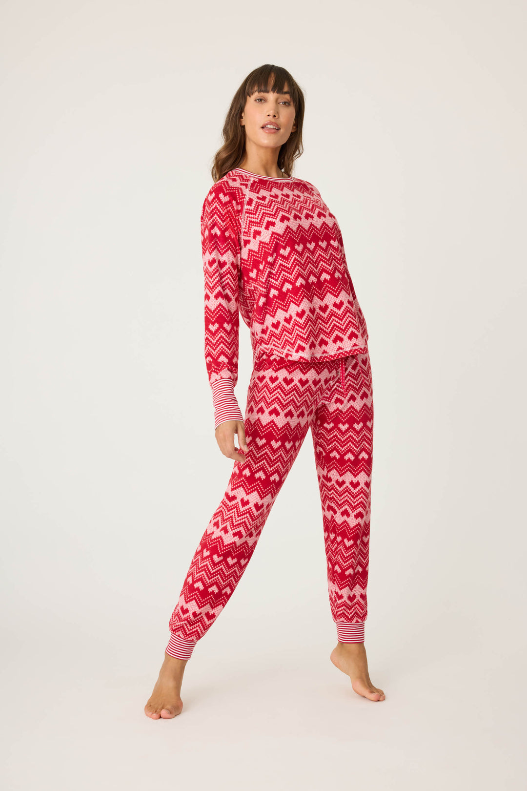 Women's jammie set in thermal velour top & banded PJ pant in red with ivory fair isle heart print.