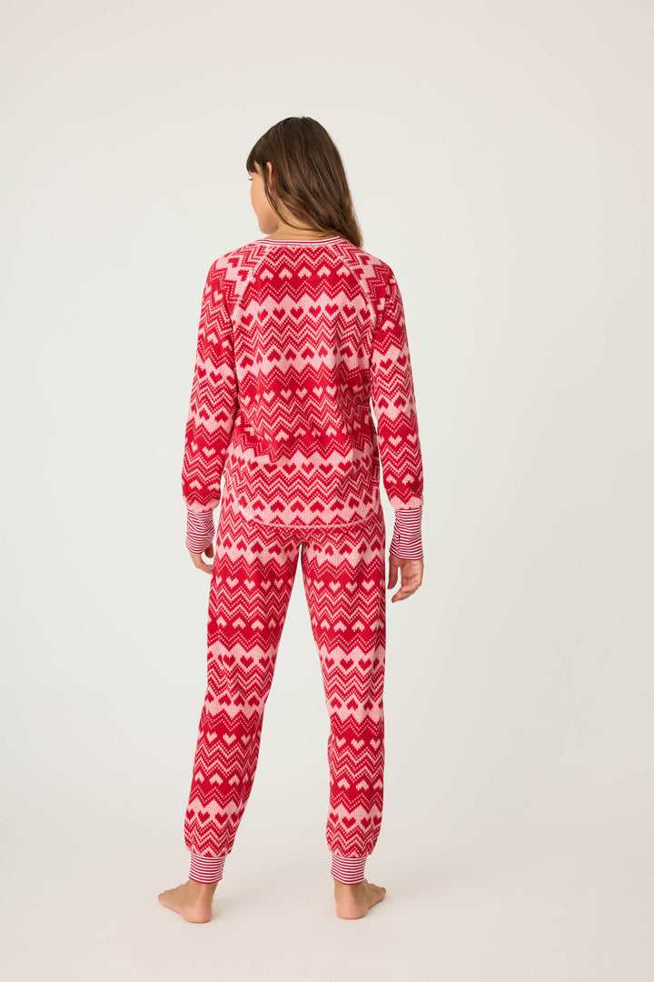 Women's jammie set in thermal velour top & banded PJ pant in red with ivory fair isle heart print.