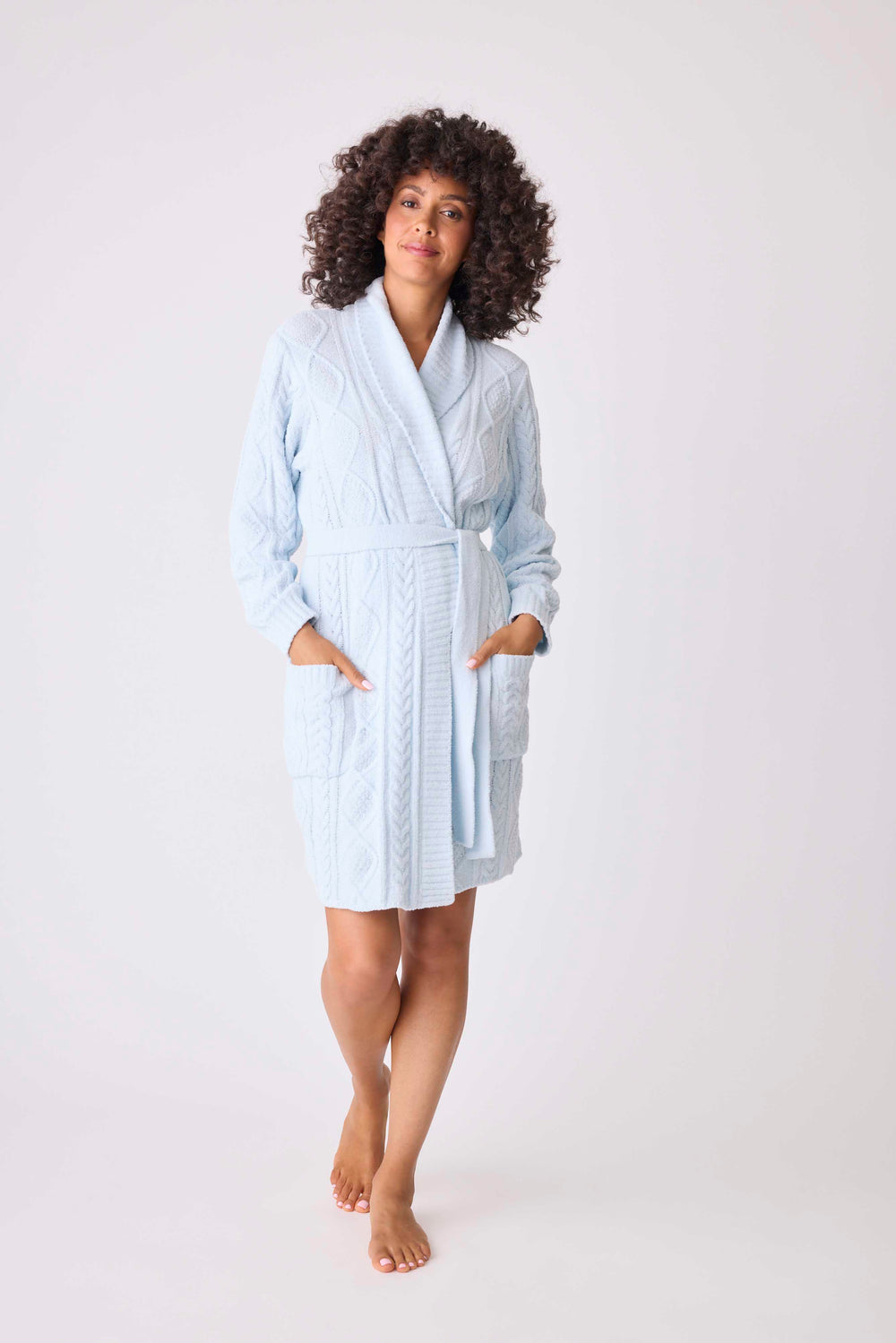 Women's cable texture robe in light blue knit. Shawl collar, tie-waist & front patch pockets.