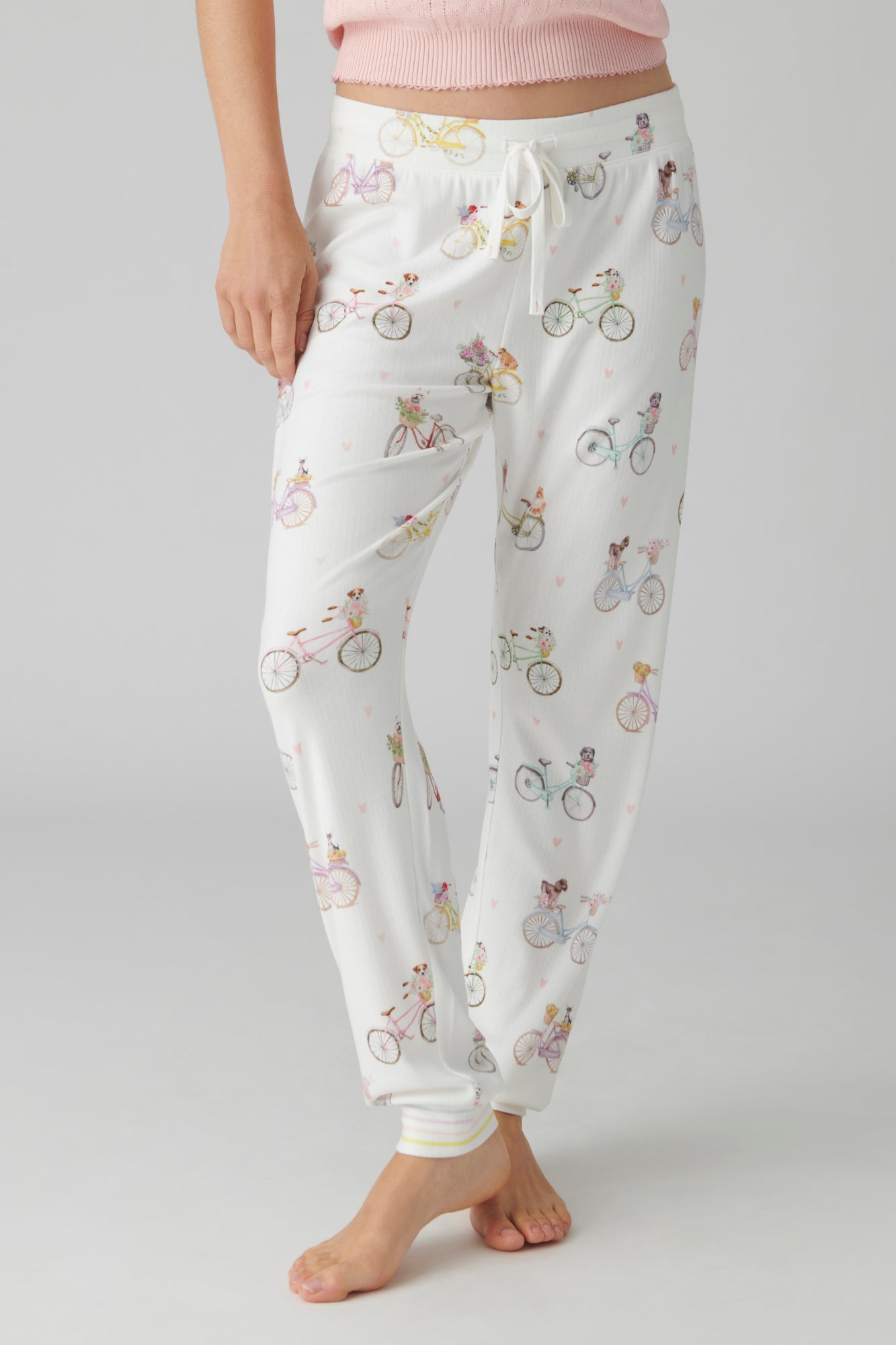 Women s brushed pointelle jammie pant with dogs on bikes and floral pattern. P.J. Salvage