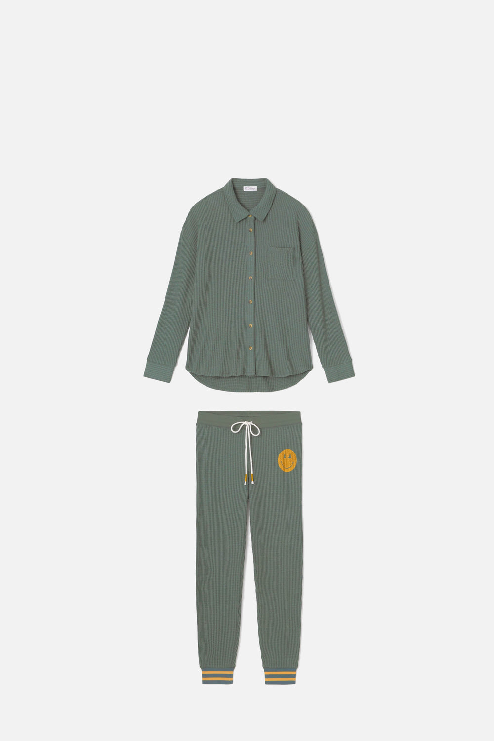 Women's green thermal lounge set with button-front shirt & banded jogger pant with striped cuffs.