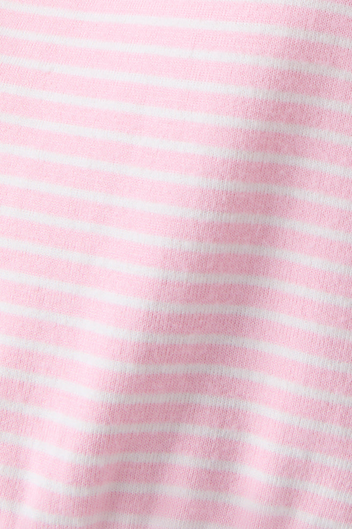 Women's pajama short in pink-ivory mini stripe, with contrast tipped drawcord.