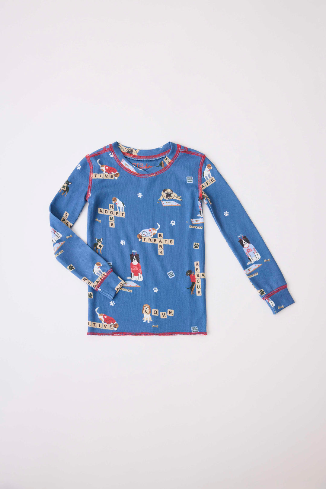 Kids two-piece pj set in gender-netural blue with dog-game print. Exclusive style to support partnership with Love Leo Rescue.