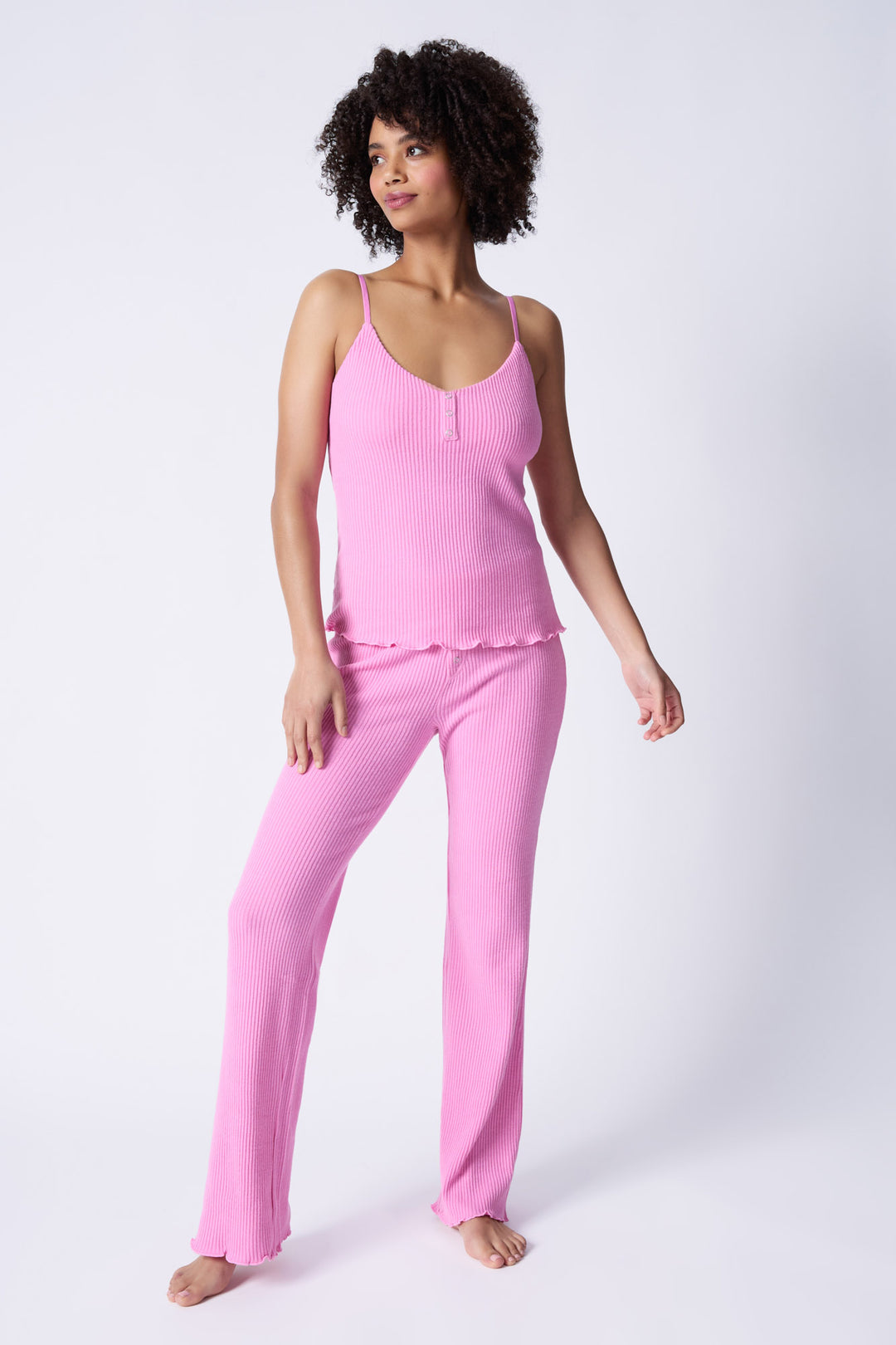 Pink camisole top in Repreve x Reloved recycled soft knit. Mini snap neck & curly merrow hem.