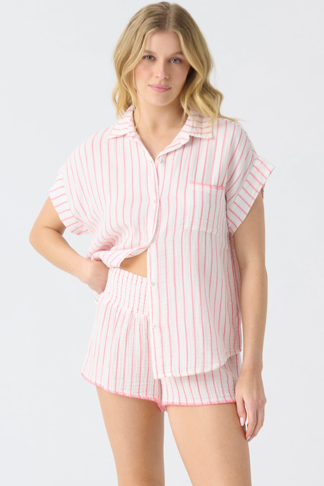 Women's red striped button-up top & short set in red-ivory stripe. Woven cotton gauze.