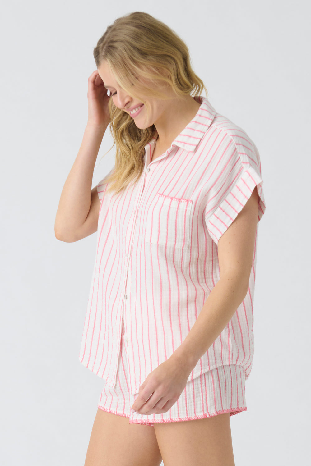 Women's red striped button-up top & short set in red-ivory stripe. Woven cotton gauze.