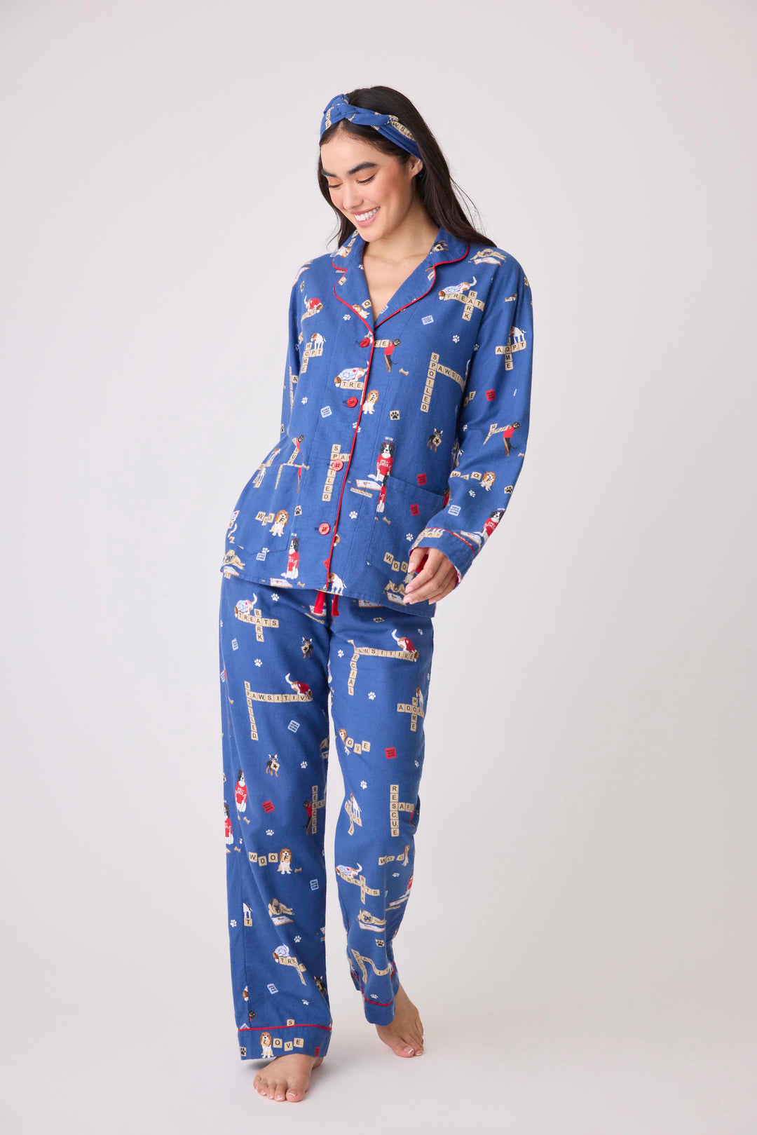 Women's cotton flannel pajama set dark blue with dog-game print. Exclusive style to support partnership with Love Leo Rescue.