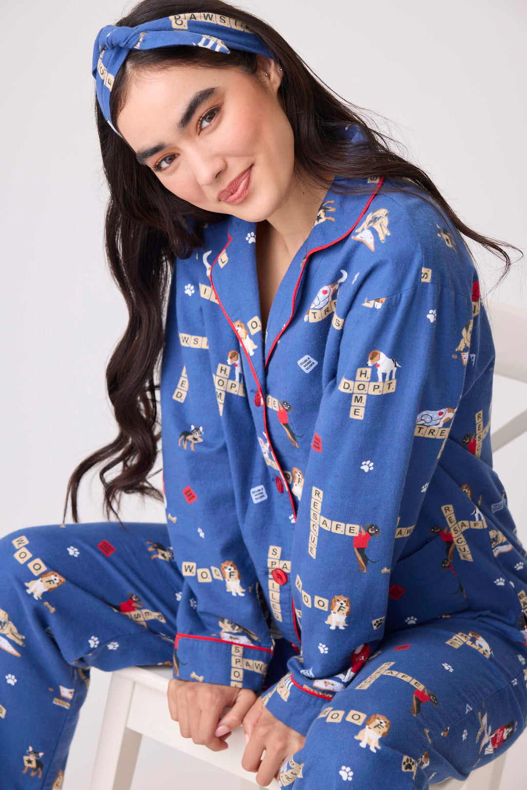 Women's cotton flannel pajama set dark blue with dog-game print. Exclusive style to support partnership with Love Leo Rescue.