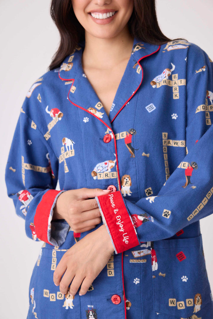 Women's cotton flannel pajama set dark blue with dog-game print. Exclusive style to support partnership with Love Leo Rescue.