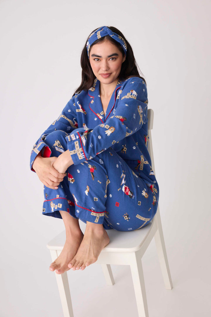 Women's cotton flannel pajama set dark blue with dog-game print. Exclusive style to support partnership with Love Leo Rescue.