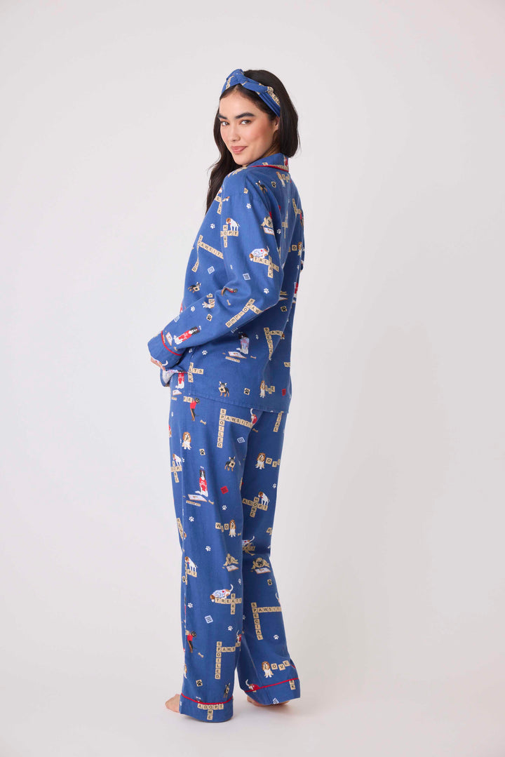 Women's cotton flannel pajama set dark blue with dog-game print. Exclusive style to support partnership with Love Leo Rescue.