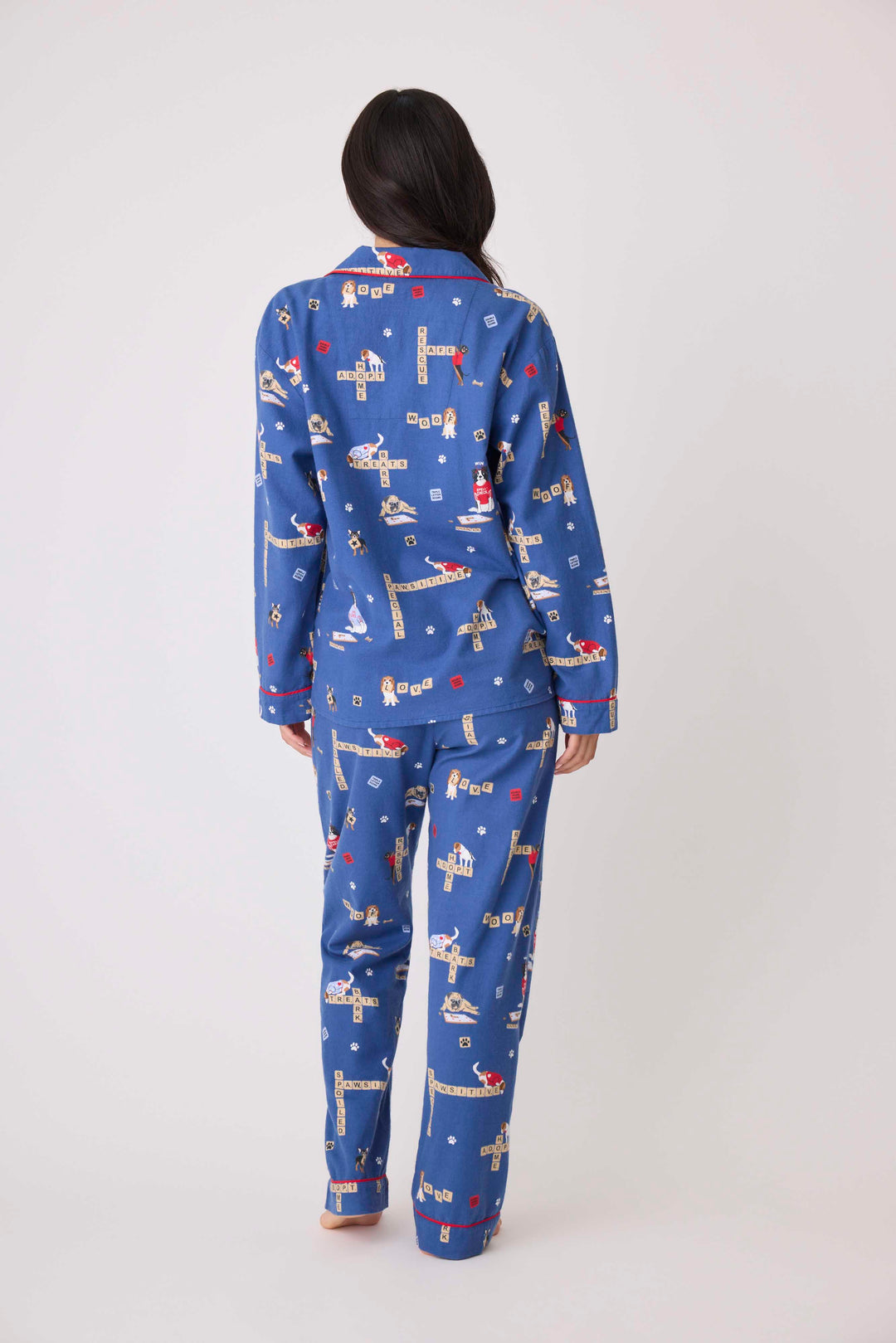 Women's cotton flannel pajama set dark blue with dog-game print. Exclusive style to support partnership with Love Leo Rescue.