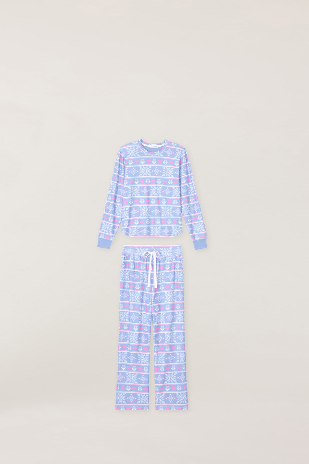 Women's pajama set in blue fair isle snowflake print on velour thermal.