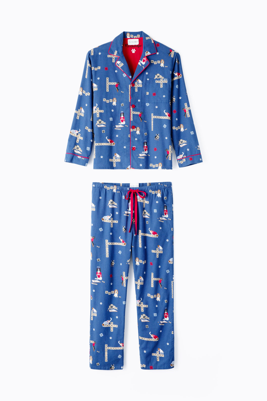 Men's cotton flannel pajama set in dark blue with dog-game print. Exclusive style to support partnership with Love Leo Rescue.