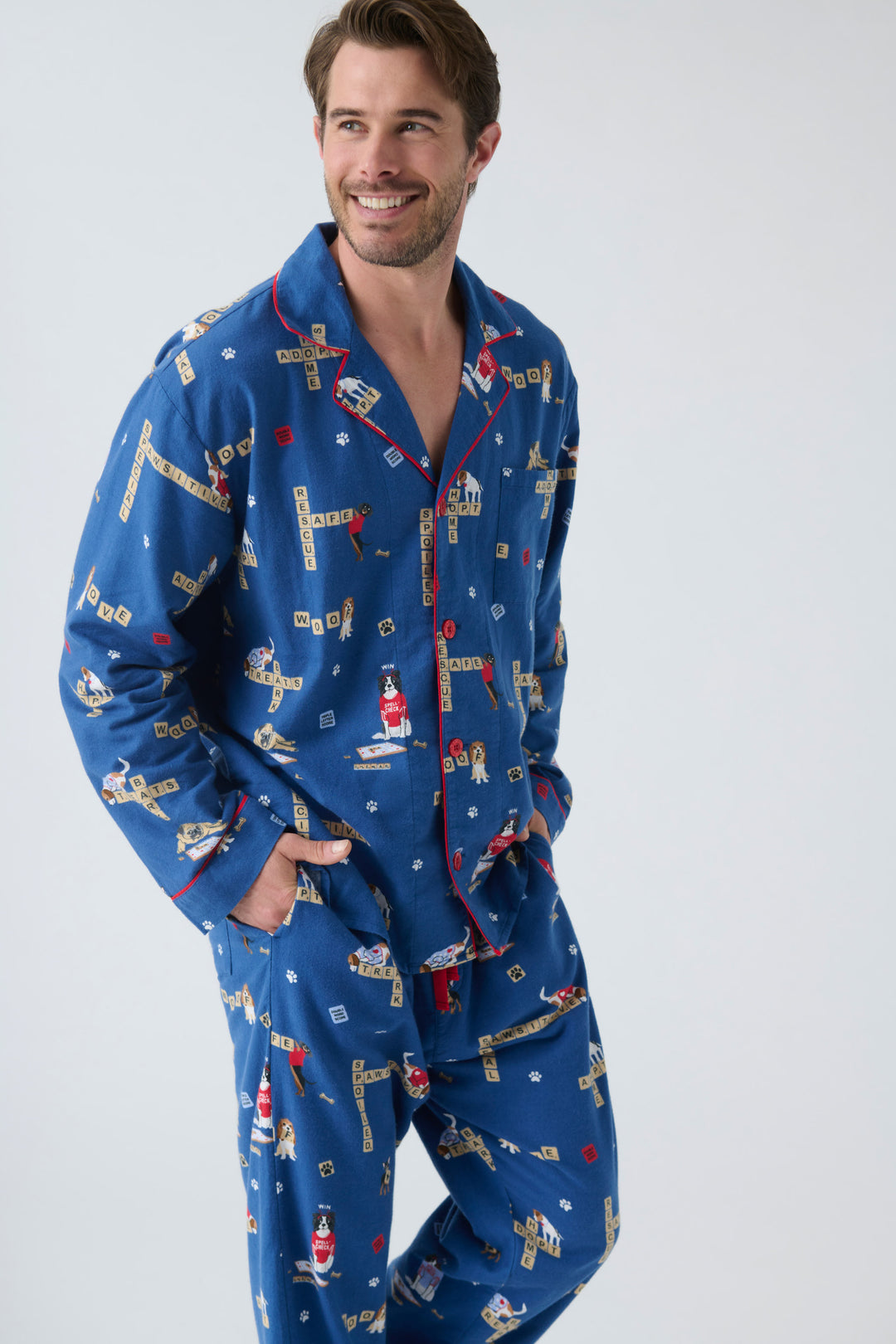 Men's cotton flannel pajama set in dark blue with dog-game print. Exclusive style to support partnership with Love Leo Rescue.