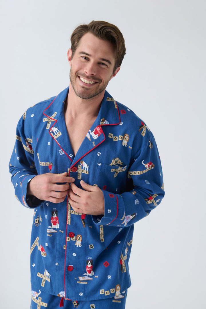 Men's cotton flannel pajama set in dark blue with dog-game print. Exclusive style to support partnership with Love Leo Rescue.