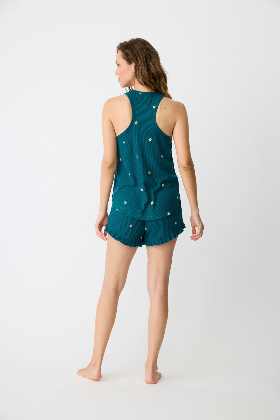 Women's teal thermal lounge short w/mini embroidered pattern.