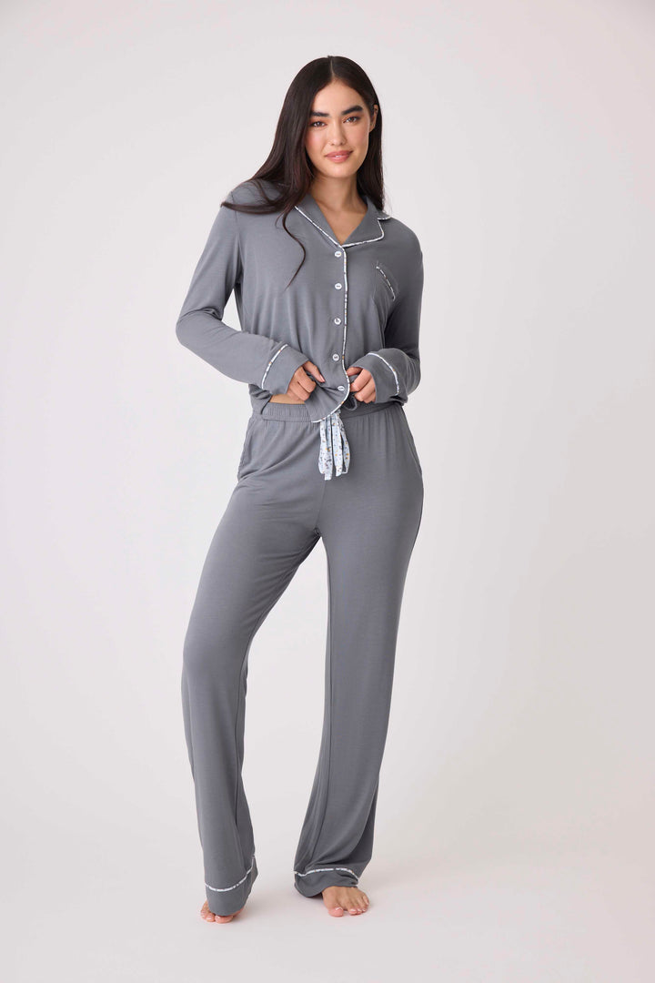 Women's modal pajama set top & pant in charcoal with printed piping & chest pocket.